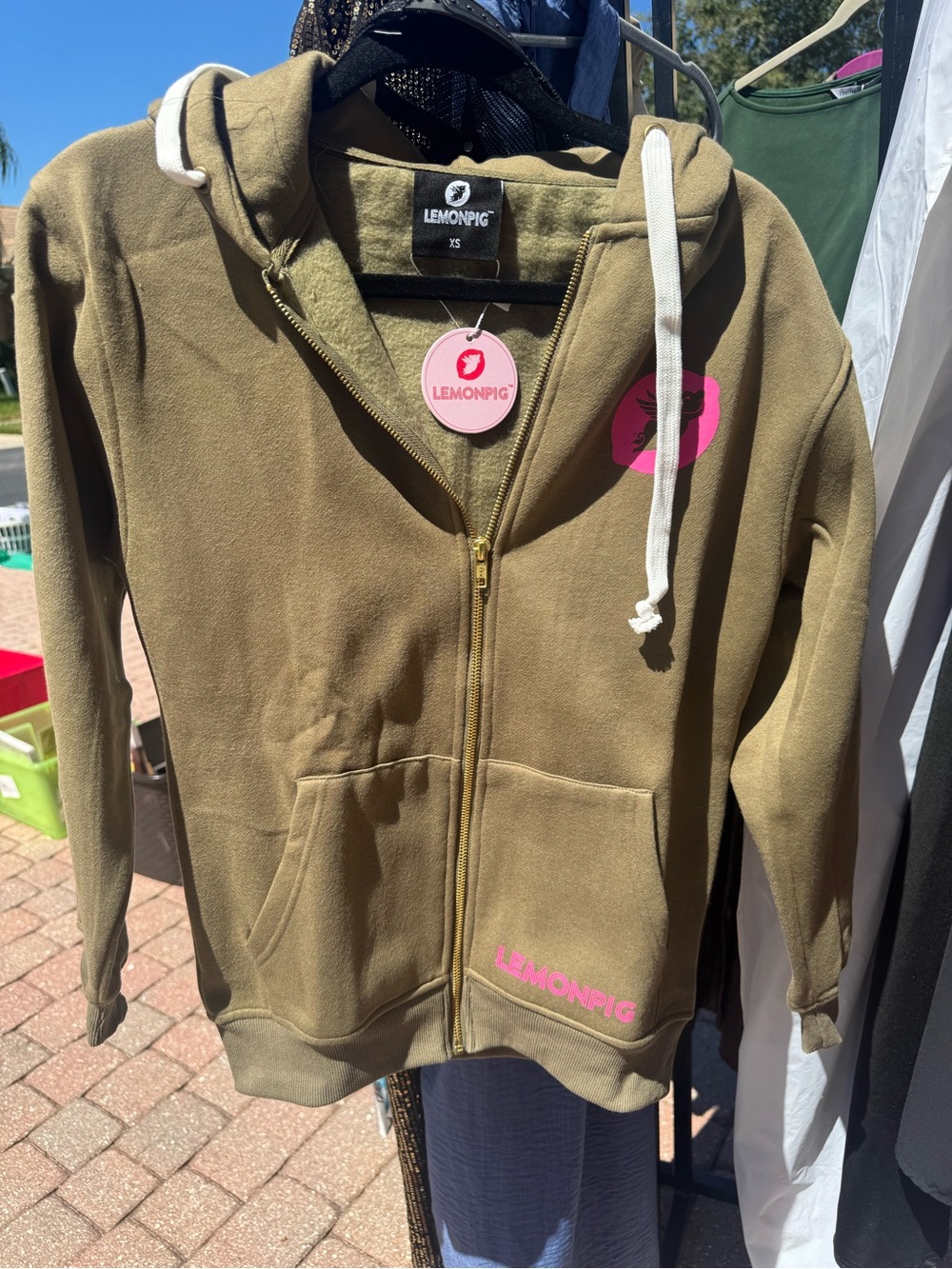 Lemon Olive Green Kids Zip-Up Hoodie with Pink Logo